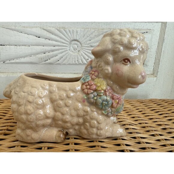 Vintage 60's Planter Pot Cute Sheep With Flower Collar Retro Kitsch - Picture 3 of 7